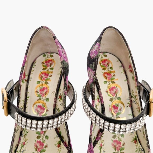 Gucci Sylvie Crystal Mary Jane Pump EU 36.5 US 6.5 Purple Floral High Heel - Picture 5 of 14